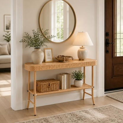 Entryway Table with Storage, 2-Tier 47inch Console Table with Woven Wrap