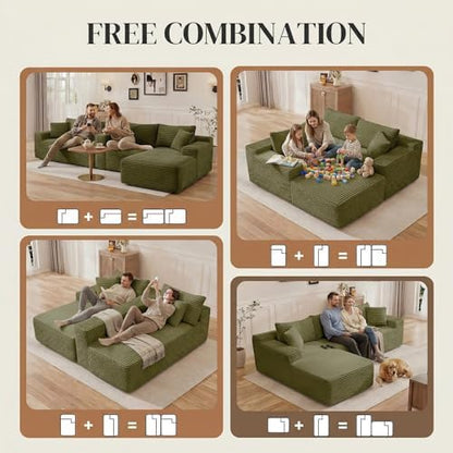 95" L Shaped Cloud Boneless Sectional Couches for Living Room, Modern Comfy Modular Deep Seat Memory Foam Compressed Corduroy Sofa Oversized Left Facing Chaise, No Assembly Required, Green