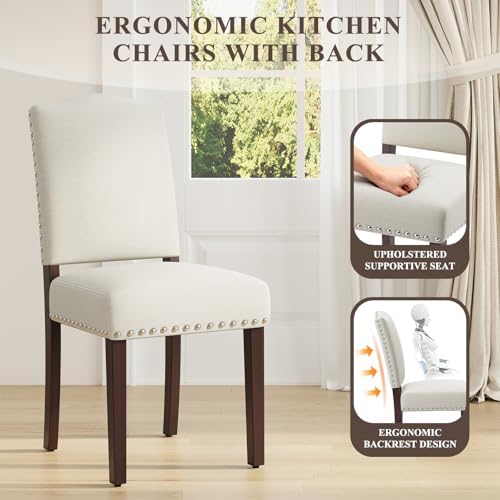 MALOL Upholstered Parsons Dining Chairs Set of 6, Modern Dining Room Chairs with Back, Fabric Kitchen Side Chairs with Wood Legs, Nailhead Trim for Dinner Farmhouse Restaurant, Beige