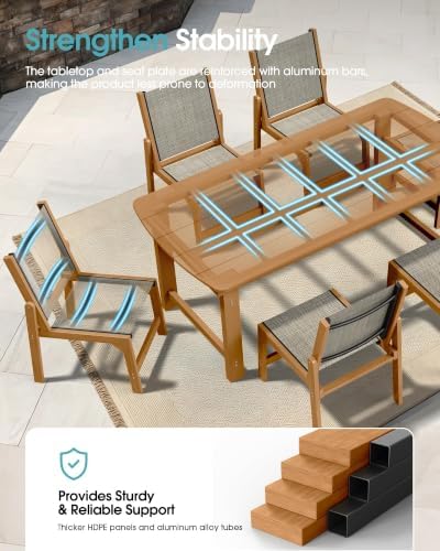 HDPE Outdoor Dining Set, Patio Table and 6 Stackable Chairs, Teak