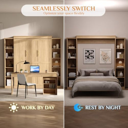 Rophefx Murphy Bed Full Cabinet with 5-Tier Shelves, Wood Wall Bed,Natural