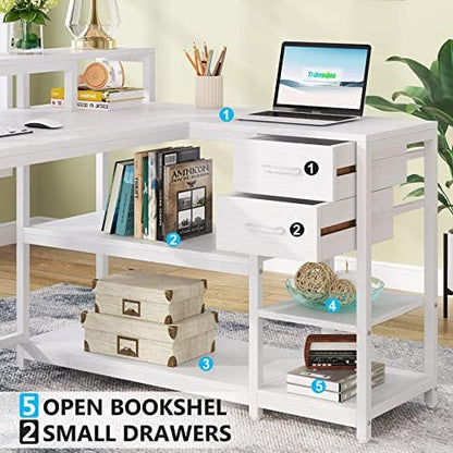 Tribesigns 55-inches Reversible L Shaped Desk with Drawer, Modern White L Corner Desk Home Office Table with Storage Shelves and Monitor Stand, Wooden and Metal PC Desk for Small Space