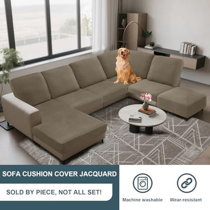 UNBBRRL Seat Cushion Cover and Back Covers for Corner Sofa Stretch Jacquard, Non Slip L Shaped Sofa Slipcover with Storage Ottoman, Sectional Couch Cover for Chaise Lounge (Camel,Corner Back Cover)