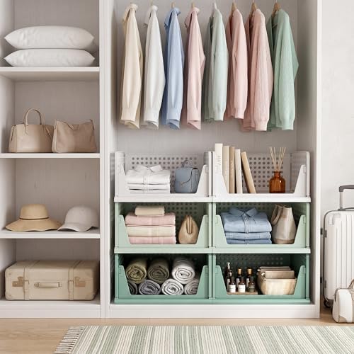 Green Boy Closet Organizers and Storage Stackable Plastic Drawer Basket for Clothing Stackable Storage Bins Shelf Storage Container for Rv Closet Wardrobe Bedroom Bathroom Playroom Man 6 Pack