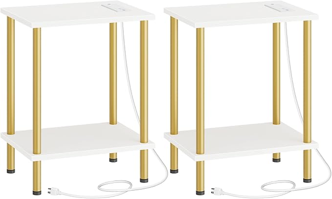 HOOBRO Side Table with Charging Station, Set of 2 End Tables with USB Port and Outlets, Nightstand with 2-Layer Storage Shelves for Small Spaces, Living Room, Bedroom, White and Gold DW09UBZP201
