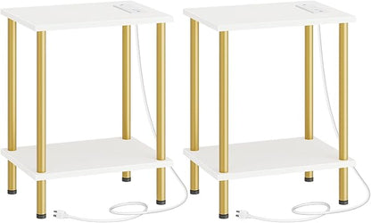 HOOBRO Side Table with Charging Station, Set of 2 End Tables with USB Port and Outlets, Nightstand with 2-Layer Storage Shelves for Small Spaces, Living Room, Bedroom, White and Gold DW09UBZP201