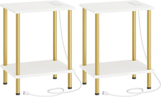 HOOBRO Side Table with Charging Station, Set of 2 End Tables with USB Port and Outlets, Nightstand with 2-Layer Storage Shelves for Small Spaces, Living Room, Bedroom, White and Gold DW09UBZP201