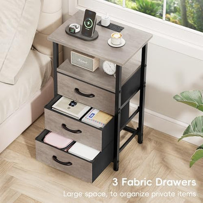 Nightstand with Charging Station, Bedside Table with USB Ports and Outlet, End Table Side Table with 3 Fabric Drawers and Storage Shelf, Bed Side Table Night Stand for Bedroom, Greige