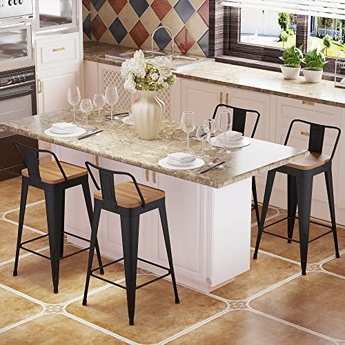 Bar Stools Set of 4 Metal Bar Stool Counter Height Bar Stools Black, Modern Bar Chairs with Back and Wooden Seat 30" Bar Stool Counter Height