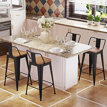 Bar Stools Set of 4 Metal Bar Stool Counter Height Bar Stools Black, Modern Bar Chairs with Back and Wooden Seat 30" Bar Stool Counter Height