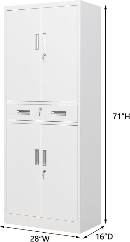 Wanfu Metal Storage Cabinet, 71" H x 28" W x 16" D Locking Storage Cabinet with 2 Adjustable Shelves and 1 Drawer for Office, Garage, Home, School, Utility(White)