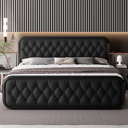 Feonase King Size Bed Frame, Upholstered Bed Frame with Faux Leather Headboard, Heavy Duty Platform Bed with Strong Metal Slats, 12 Inch Under-Bed Storage, Noise-Free, Easy Assembly, Black