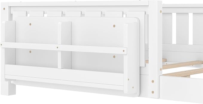 Bellemave Queen Size Floor Bed with high Rails and with Built-in Bookshelf for Kids, Girls, Boys, Wood Montessori Floor Bed Without Door, White