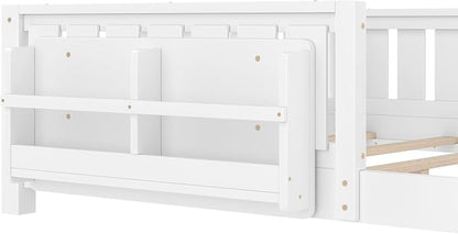 Bellemave Queen Size Floor Bed with high Rails and with Built-in Bookshelf for Kids, Girls, Boys, Wood Montessori Floor Bed Without Door, White