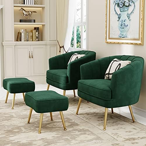 Andeworld Velvet Accent Chair with Ottoman, Barrel Armchair, Green