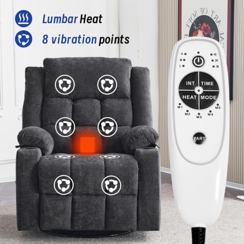 Power Swivel Rocker Recliner Chair with Massage and Heat for Adults,Electric Glider Reclining Single Sofa Chair for Living Room,USB & Type-C Charging Ports, Infinite Position,Dark Gary
