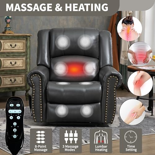 Trustyue Dual Motor Power Lift Chair, Lay Flat Recliner Chair, Electric Recliner with Massage and Heat for Elderly, Remote Control, Infinite Position,Standing Assistance,USB Ports PU Grey