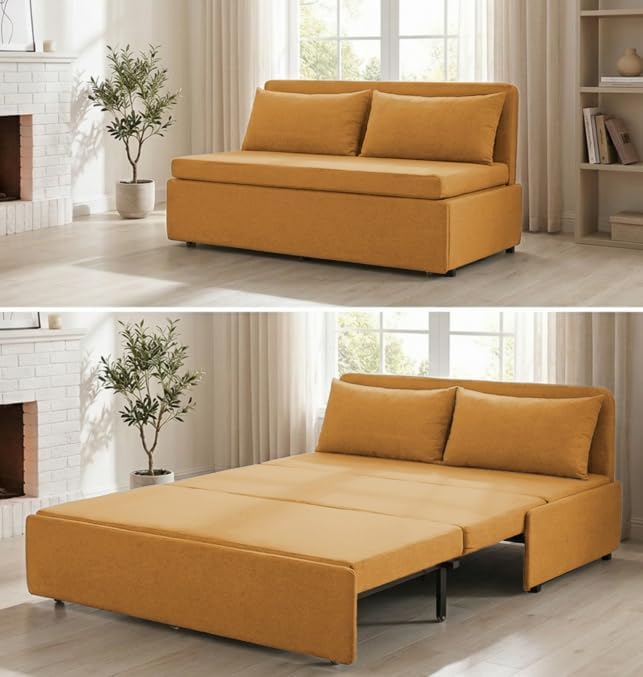 PUREMIND 64" W Queen Sleeper Sofa Bed, 2‑in‑1 Convertible Chair Bed with 3.9‑inch Foldable Pullout Couch for Small Apartments, Dorms and Lofts, Mattress & Pillows Included, No‑Tool Assembly, Yellow