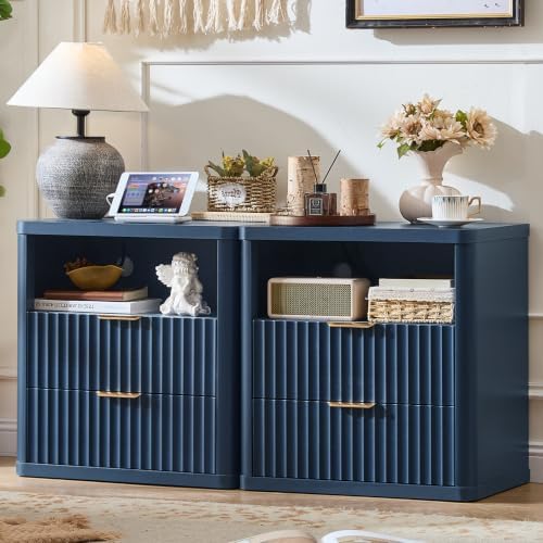 LEYAOYAO Fluted Nightstand Set of 2 with Charging Station,23" Farmhouse Nightstand with Woodgrain Top,Blue 3 Drawer End Table w/Storage, BedsideTables for Bedroom, Living Room, Curved Profile