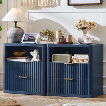 LEYAOYAO Fluted Nightstand Set of 2 with Charging Station,23" Farmhouse Nightstand with Woodgrain Top,Blue 3 Drawer End Table w/Storage, BedsideTables for Bedroom, Living Room, Curved Profile