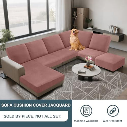 UNBBRRL Seat Cushion Cover and Back Covers for Corner Sofa Stretch Jacquard, Non Slip L Shaped Sofa Slipcover with Storage Ottoman, Sectional Couch Cover for Chaise Lounge (Dusty Rose,24 x 45 x 6”)