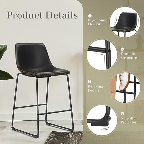 DUMOS Counter Height Bar Stools Set of 2, Faux Leather Metal Bar Chairs