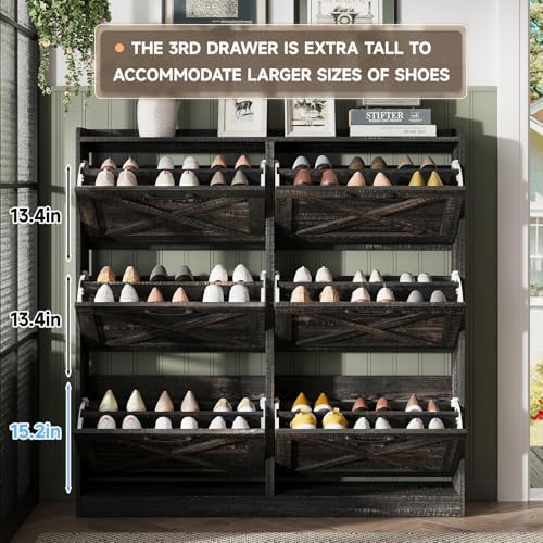 Maupvit Large Shoe Storage Cabinet with 6 Flip Drawers, Freestanding Shoe Organizer with Metal Handles for Entryway, Narrow Shoe Rack Cabinet, Dark Rustic Oak