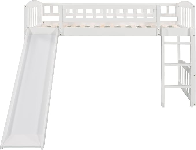 YOPTO Twin Size Loft Bed with Slide and Ladder,Multifunctional Solid Wood Bed Frame,w/Safety Guardrail & 14 Support Slats,No Box Spring Needed,for Kids, Teens, Girls, Boys,White