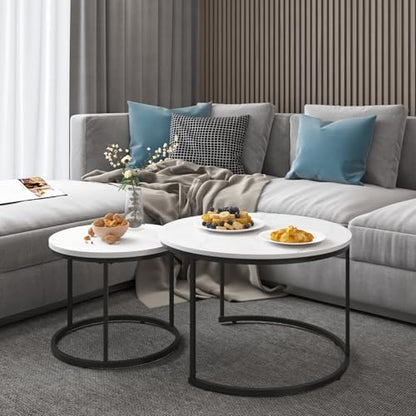 27.6" Round Nesting Coffee Table Set of 2, White & Black Marble