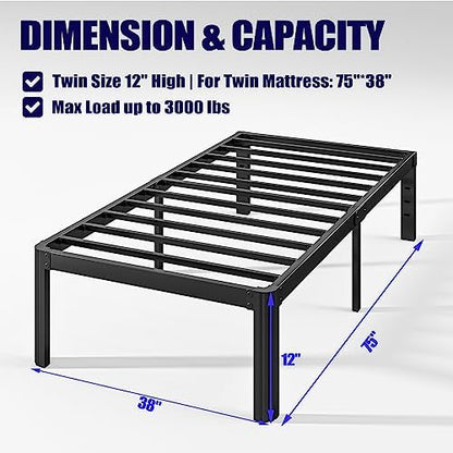 Hunlostten 12" Heavy Duty Twin Bed Frame No Box Spring Needed, Metal Platform Bed Frame Twin with Round Corners, Easy Assembly, Noise Free, Black