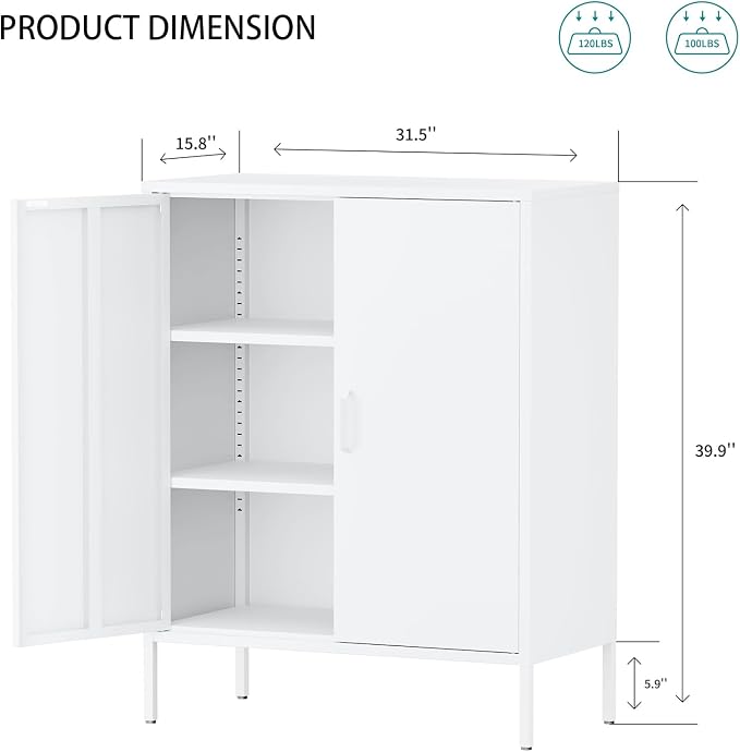 Metal Locker Storage Cabinet, Accent Sideboard Cabinet with Adjustable Shelves for Home Office, Garage, Kitchen, Living Room (White, 40" H-Metal Doors)