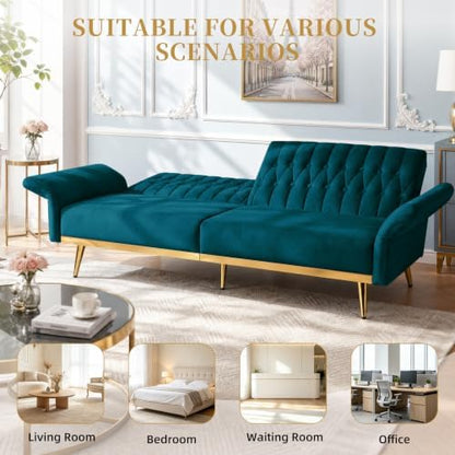 70” Velvet Futon Sofa Bed w/Adjustable Armrests, Teal