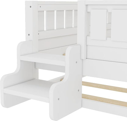 Bellemave Twin Size Kids Bed with high Rails and with Built-in Bookshelf and Trundle for Kids, Girls, Boys, Wood Montessori Bed Without Door, White