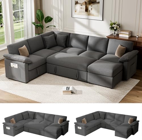 L Sleeper Sofa, 109" Modular Sectional Sofa with Pull Out Bed, Dark Gray