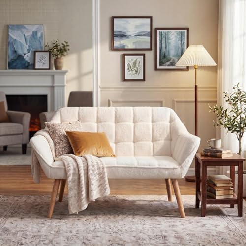 48”Small Loveseat Sofa for Living Room, Small Space, Bedroom, White Sherpa