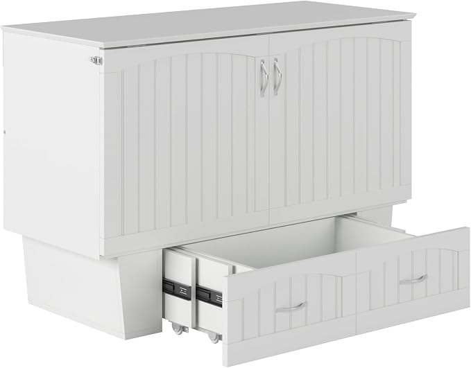 AFI, Nantucket Full Size Murphy Bed Chest with Mattress, Storage Drawer and Built-in USB Charger, White