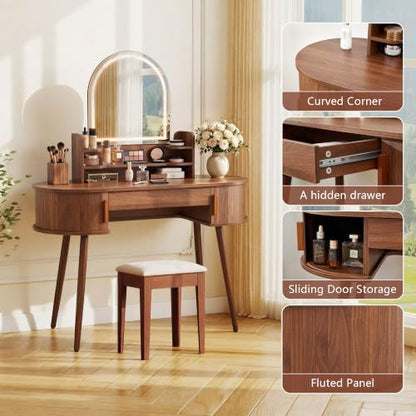 Oval Fluted Vanity Desk with Mirror and Lights, 43" Small Wood Makeup Table