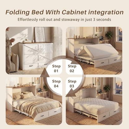 HISOFT Queen Murphy Bed Frame with Charging Station, Freestanding Cabinet Murphy Bed with Fold-Down Panel & Reinforced Support, Space-Saving Design for Small Living Spaces, Shipped in 2 Boxes, White