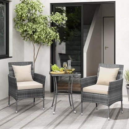 Tangkula 3-Piece Patio Furniture Set, PE Wicker Conversation Bistro Set w/A Tempered Glass Table & 2 Cushioned Chairs, Outdoor Table & Chairs Set for Patio Porch Yard Garden (Mix Gray+Off White)
