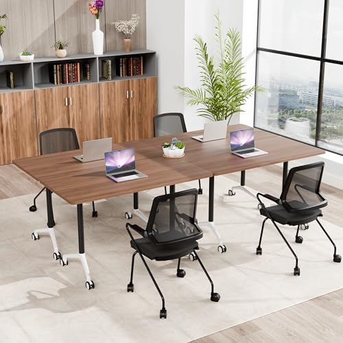 Folding Conference Table, Conference Room Tables with Wheels Foldable Large Rectangle Meeting Seminar Table for 6-12 People, Flip Top Mobile Training Table for Office Classr (6, Walnut 2, 55.1in)