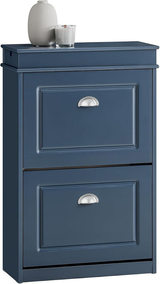 Haotian Slim Shoe Cabinet, Shoe Rack with Doors, Shoe Storage Cupboard Organizer Unit for Entryway 2 Flip-Drawers, Hallway and Bedroom Navy FSR78-B