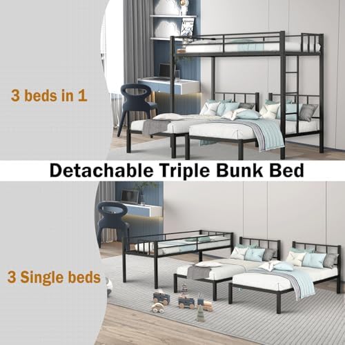 Heavy Duty Triple Bunk Bed for 3,Twin XL Over Twin Over Twin with Guardrails and Ladder, Space-Saving Metal Bunk Beds for Kids Teens Adults, No Box Spring Needed, Black