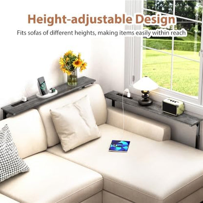 GRLEAF 2 Pack Adjustable Height Narrow Console Table with Power Outlets, 90" Long Sofa Table with Charging Station Behind Couch Table Entryway Table for Living Room and Hallway – Gray