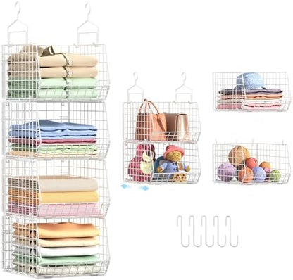 4" Extra Deeper Foldable Hanging Closet Organizer, Small Wire Cabinet Shelves and Storage with 5 S Hooks,4 Tier Metal Basket Bins for Clothes Sweaters Handbags, Wardrobe for Kitchen Laundry Room，White