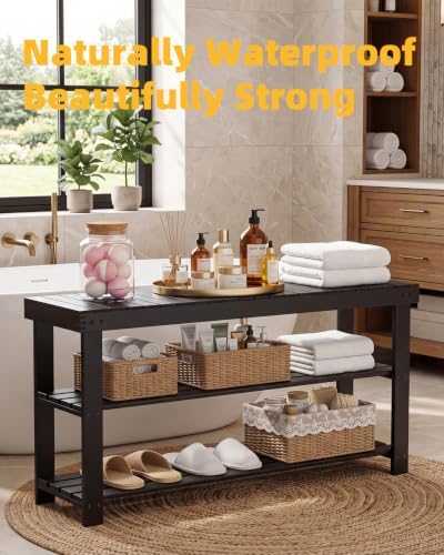 SMIBUY Bamboo Shoe Rack Bench, 3-Tier Shoe Organizer Storage Shelf for Entryway Hallway Bathroom Living Room (Black)