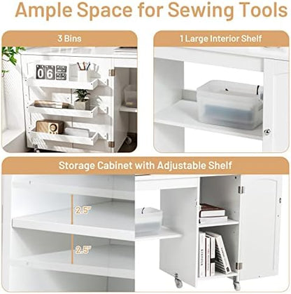GIANTEX 62.5" Large Folding Sewing Table with Storage Cabinet & Shelves