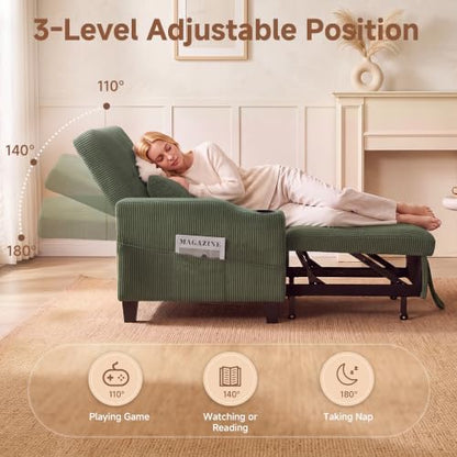 3 in 1 Convertible Sleeper Chair, Corduroy Single Sleeper Sofa Bed, Pull Out Sofa Bed Chair with Adjustable Backrest & Side Pockets for Living Room, Oliver Green