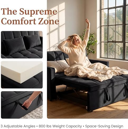 3 in 1 Convertible Sofa Bed, Love Seat Sleeper Bed with Side Pockets, Velvet Fabric Pull Out Couch with Adjustable Backrest for Living Room, Bedroom, Apartment, Black