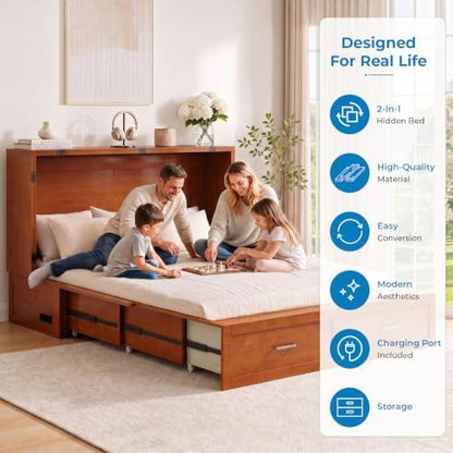 Mjkone Murphy Cabinet Bed with Tri-Folding Mattress, Queen Size Cherry