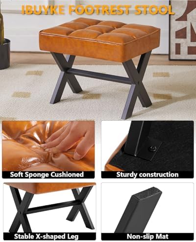 IBUYKE Small 12" H Footrest, Square PU Step Stool, Light Brown WBD012J